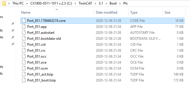 Core dump file on the PLC